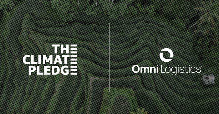 Graphic with Omni Logistics logo and The Climate Pledge logo on top of background with green trees