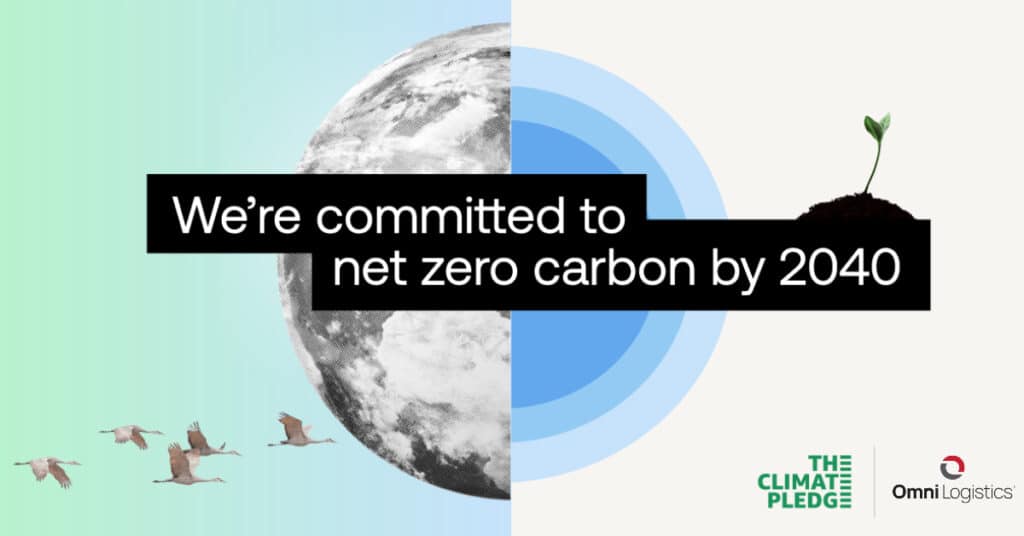 Graphic reading we're committed to net zero carbon by 2040 with background of earth plants and animals