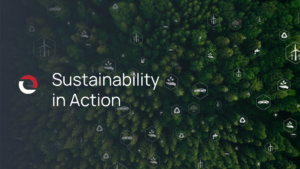 a birds-eye view of trees with icon showcasing sustainability. Icons of trees, windmills, electric cars. omni logistics