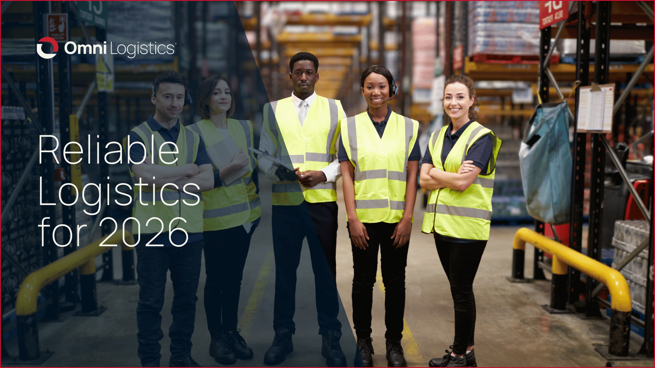 warehouse workers wearing neon vests standing in a semicircle smiling at the camera