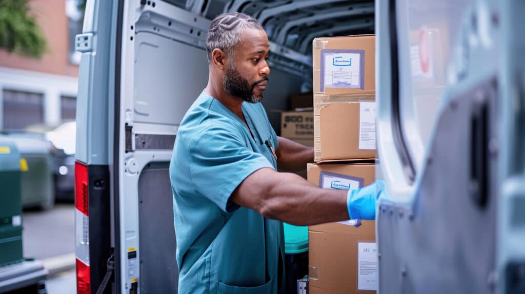 A delivery worker in medical scrubs carefully unloads temperature-sensitive boxes labeled with biohazard and fragile stickers from a refrigerated van, ensuring safe and secure transport. the scene emphasizes precision and medical safety protocols.